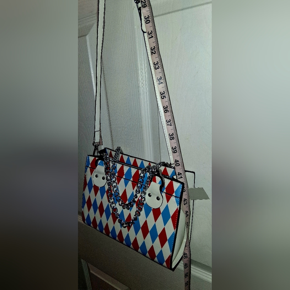 Blue and red harlequin checkered clown purse with handcuff chain strap NEW